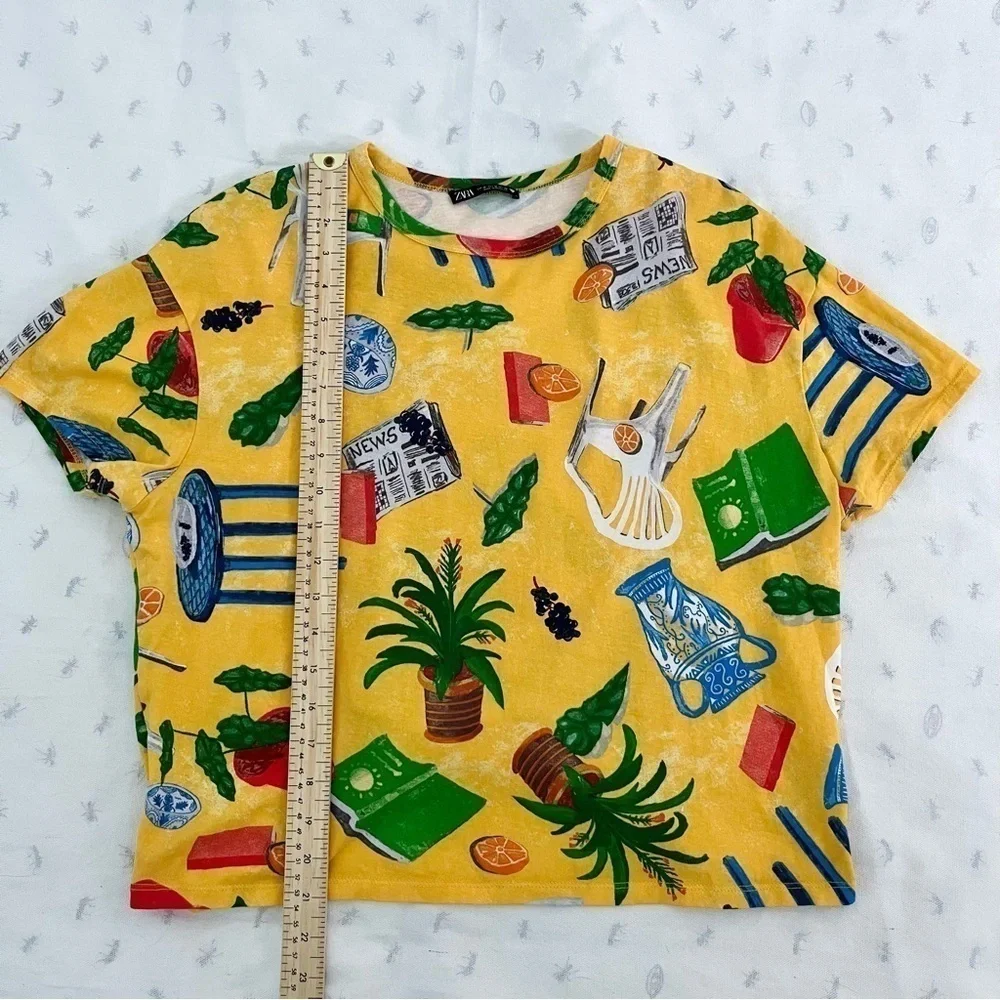 Zara Summer Patio Graphic Boxy Tee T-Shirt-Yellow Multicolor-Women Size Medium - Picture 8 of 11